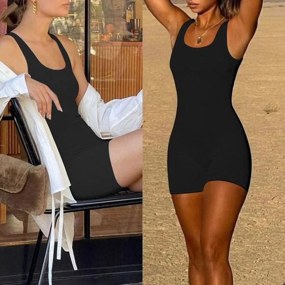 Women Jumpsuit Ribbed One Piece Tank Top Sleeveless Bodycon Sport Shorts - Picture 3 of 8